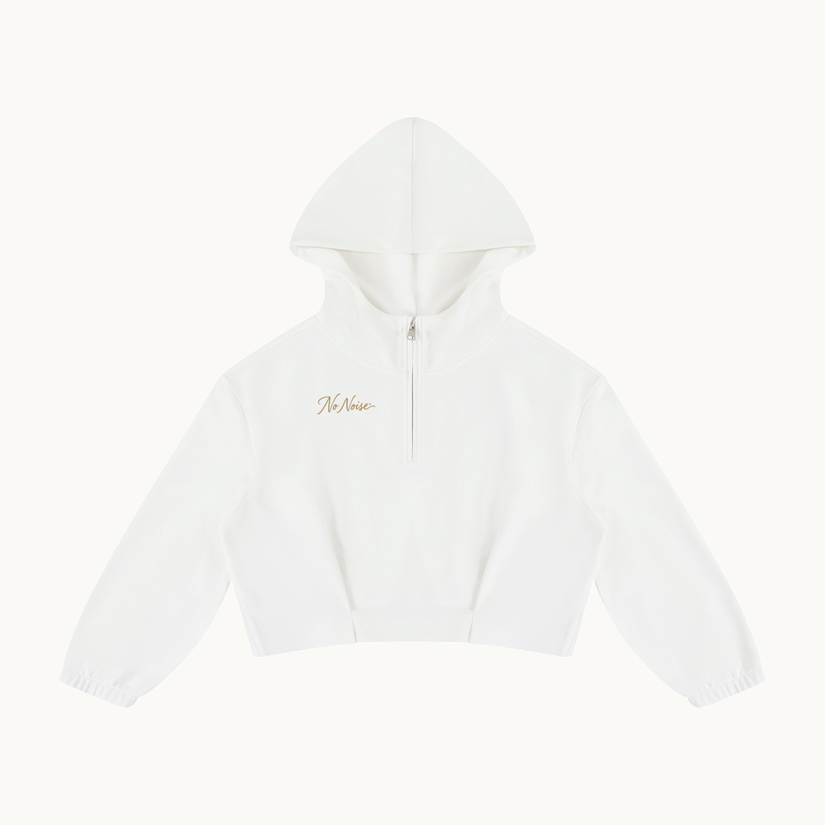 MOTION BOXY QUARTER-ZIP HOODIE — product view on warm ivory.
