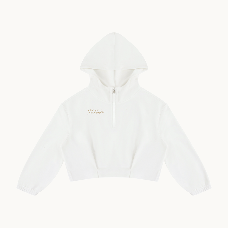 MOTION BOXY QUARTER-ZIP HOODIE — product view on warm ivory.