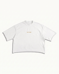 SUPPORT YOUR FRIENDS FRENCH TERRY RAW EDGE T-SHIRT — WHITE — product view on warm ivory.