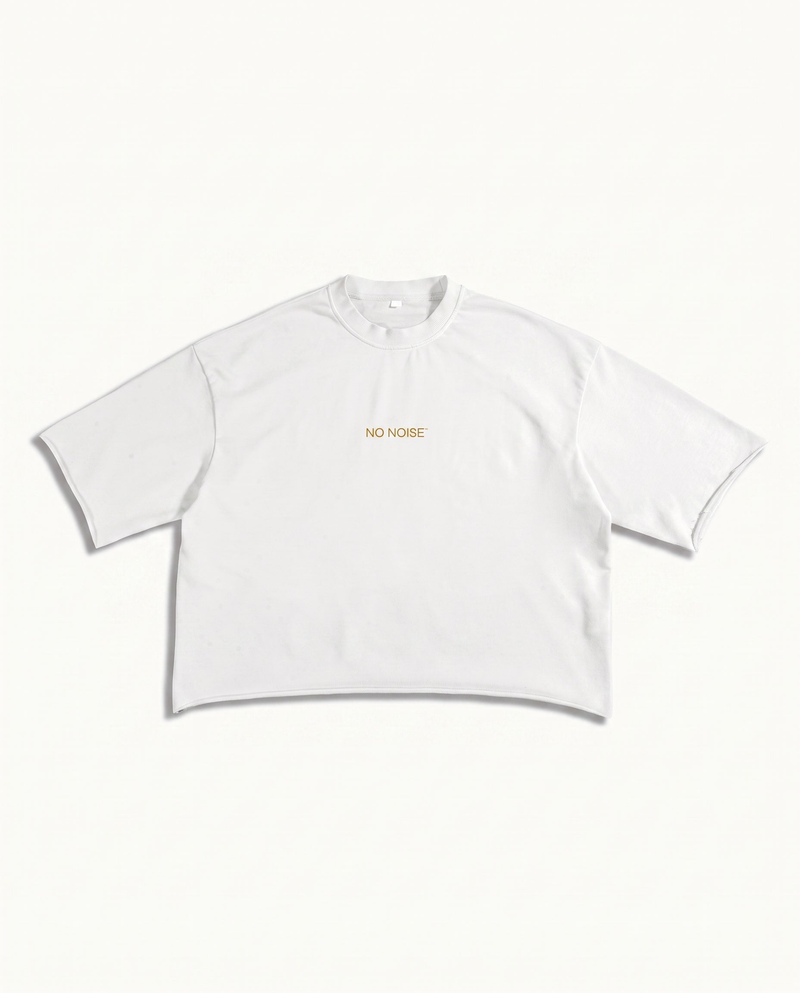 SUPPORT YOUR FRIENDS FRENCH TERRY RAW EDGE T-SHIRT — WHITE — product view on warm ivory.