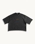 SUPPORT YOUR FRIENDS FRENCH TERRY RAW EDGE T-SHIRT — NOIR — product view on warm ivory.