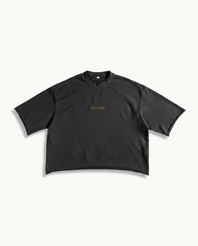 SUPPORT YOUR FRIENDS FRENCH TERRY RAW EDGE T-SHIRT — NOIR — product view on warm ivory.