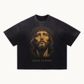 THE KING STILL REIGNS DISTRESSED TEE / BLACK — ARTICLE 010 — product view on warm ivory.