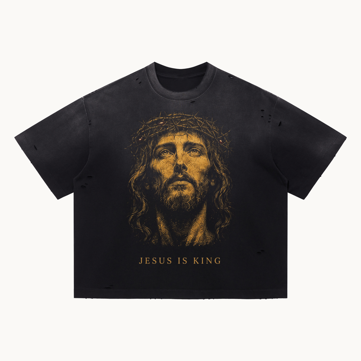 THE KING STILL REIGNS DISTRESSED TEE / BLACK — ARTICLE 010 — product view on warm ivory.
