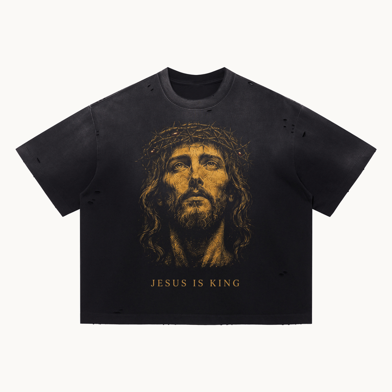 THE KING STILL REIGNS DISTRESSED TEE / BLACK — ARTICLE 010 — product view on warm ivory.
