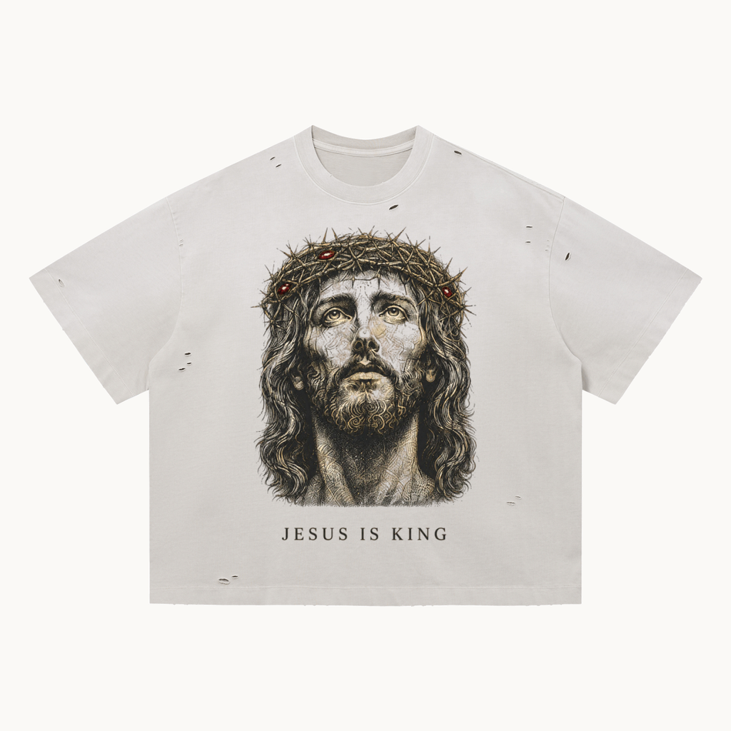 THE KING STILL REIGNS DISTRESSED TEE / PALE KHAKI — ARTICLE 010 — product view on warm ivory.