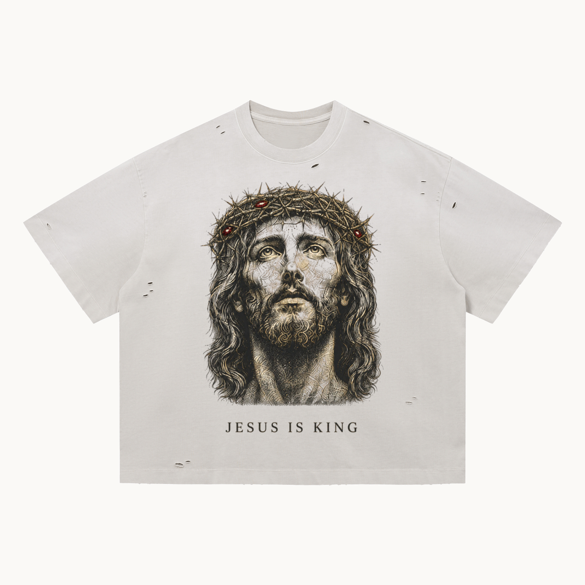 THE KING STILL REIGNS DISTRESSED TEE / PALE KHAKI — ARTICLE 010 — product view on warm ivory.