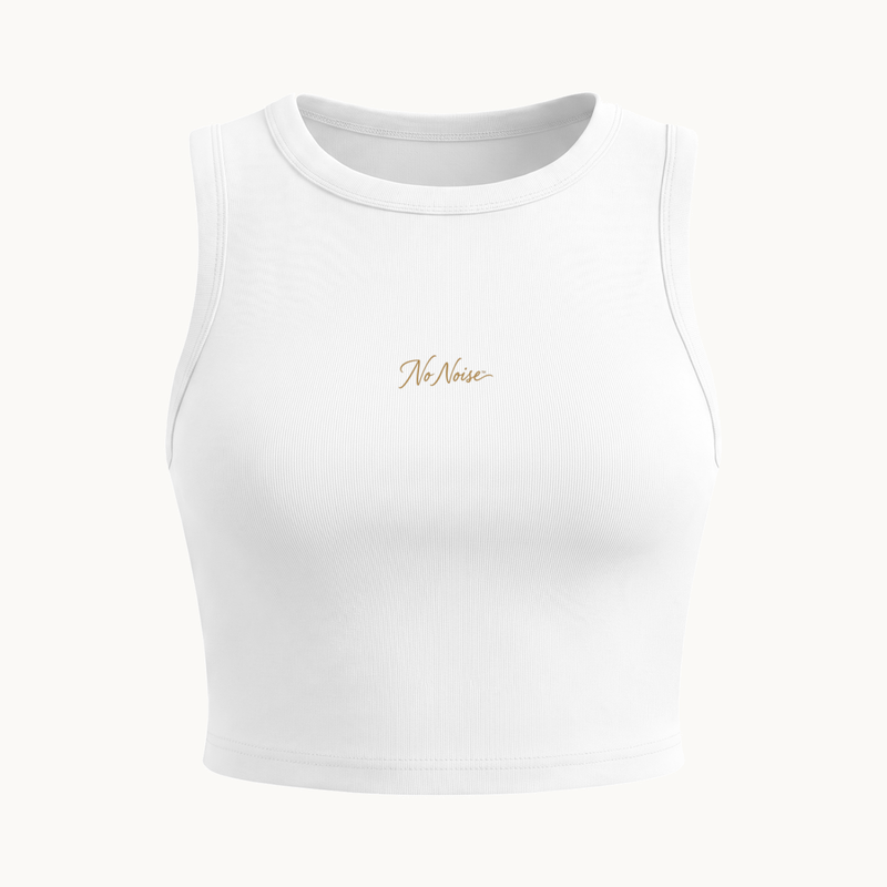 NO NOISE™ HER CREWNECK CROP TANK — WHITE — product view on warm ivory.
