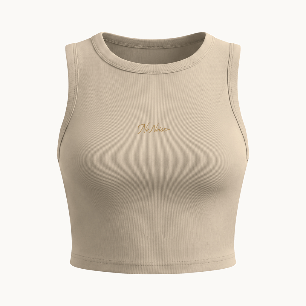 NO NOISE™ HER CREWNECK CROP TANK — KHAKI — product view on warm ivory.
