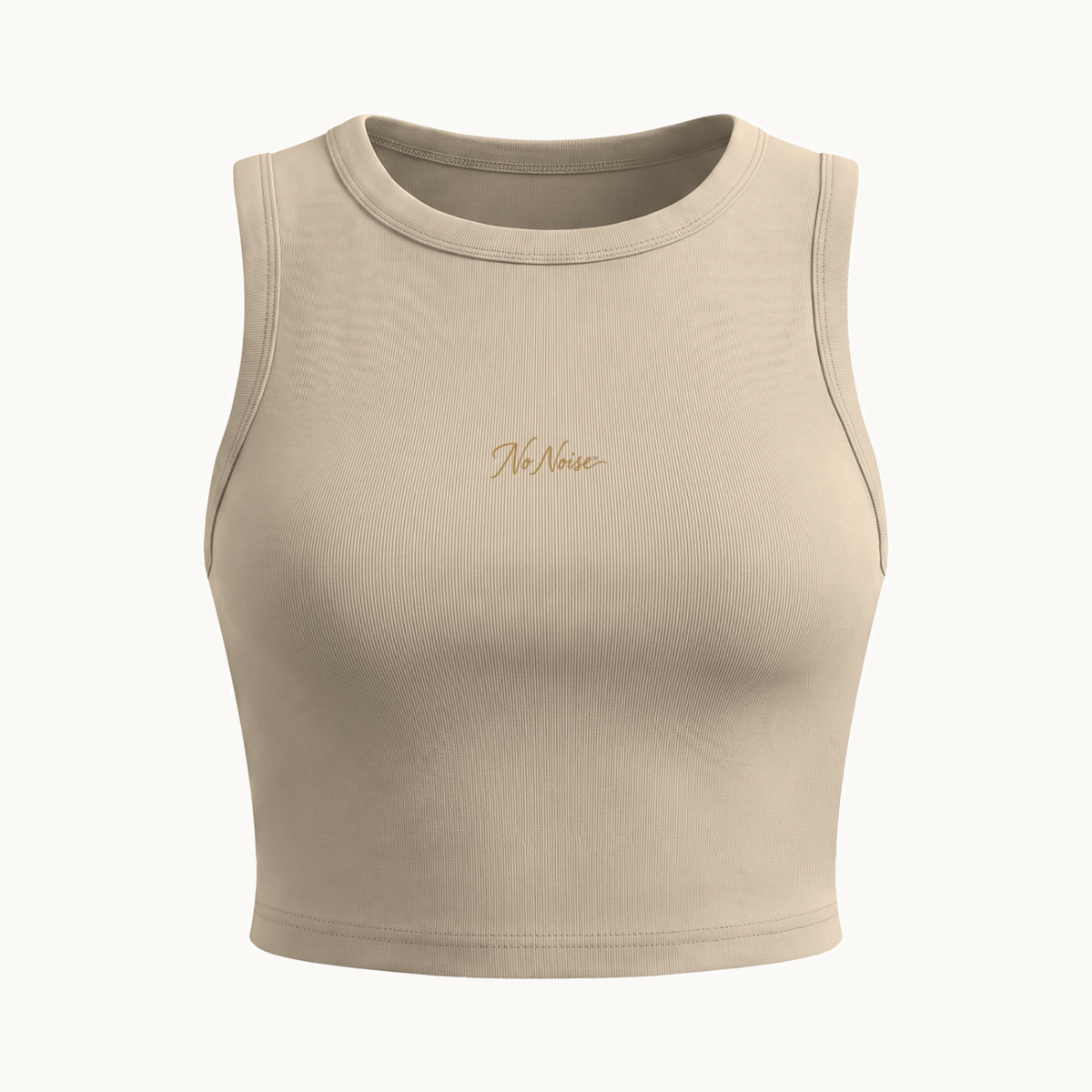 NO NOISE™ HER CREWNECK CROP TANK — KHAKI — product view on warm ivory.
