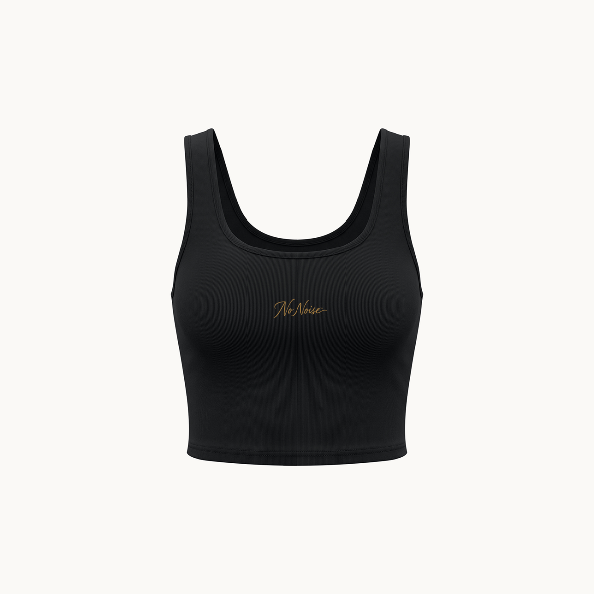 NO NOISE™ HER CUTOUT CROP TOP — BLACK — product view on warm ivory.