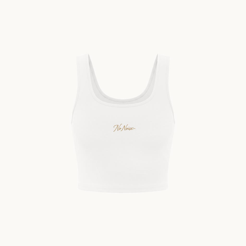 NO NOISE™ HER CUTOUT CROP TOP — WHITE — product view on warm ivory.