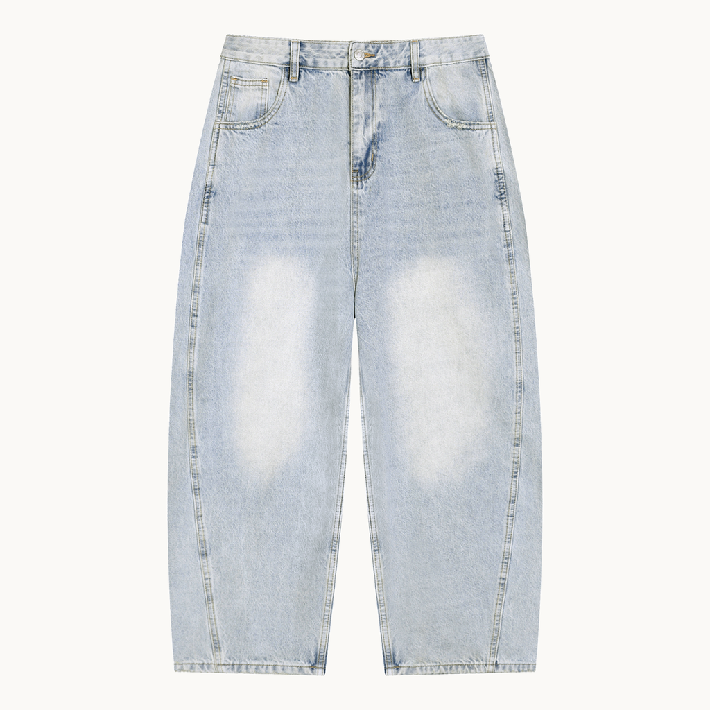 NO NOISE STILL FORM BARREL DENIM — SUNFADE — product view on warm ivory.