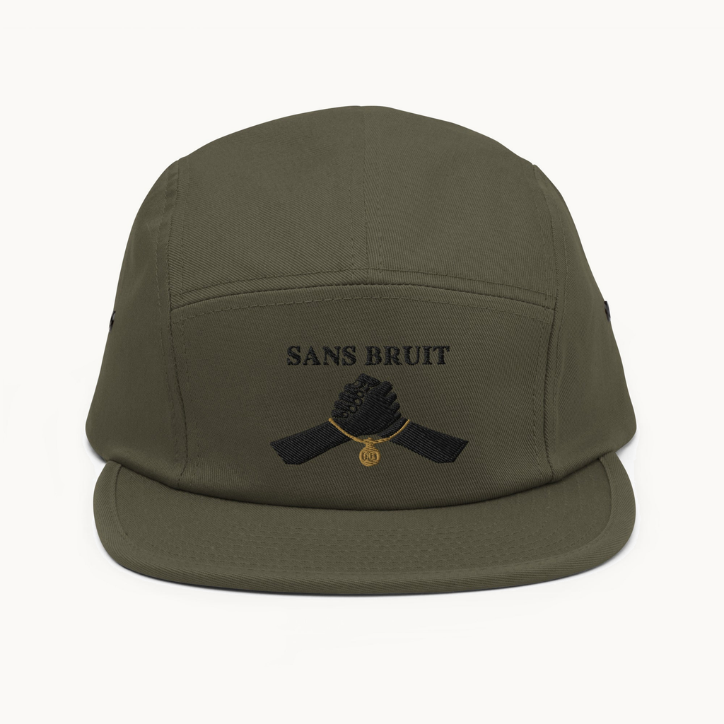 NO NOISE™ SILENT PACT FIVE-PANEL CAP — OLIVE — product view on warm ivory.