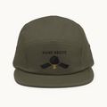 NO NOISE™ SILENT PACT FIVE-PANEL CAP — OLIVE — product view on warm ivory.