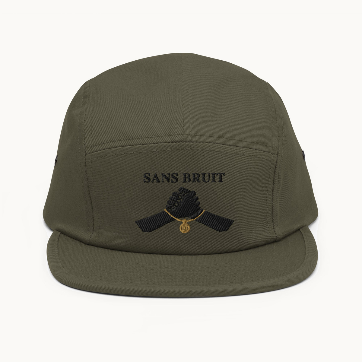 NO NOISE™ SILENT PACT FIVE-PANEL CAP — OLIVE — product view on warm ivory.