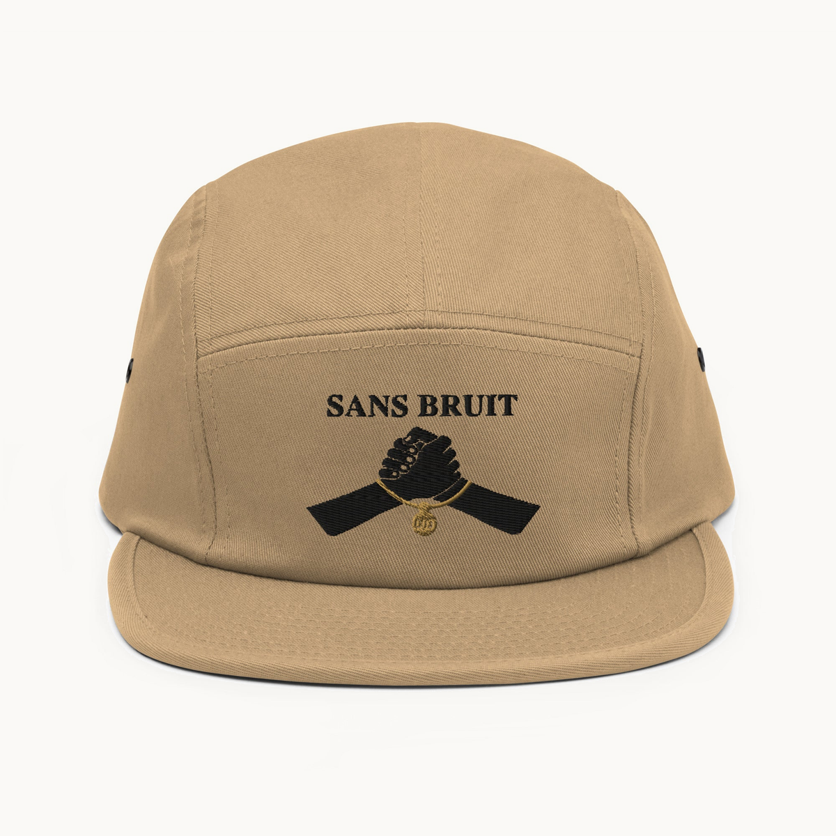 NO NOISE™ SILENT PACT FIVE-PANEL CAP — SANDSTONE — product view on warm ivory.