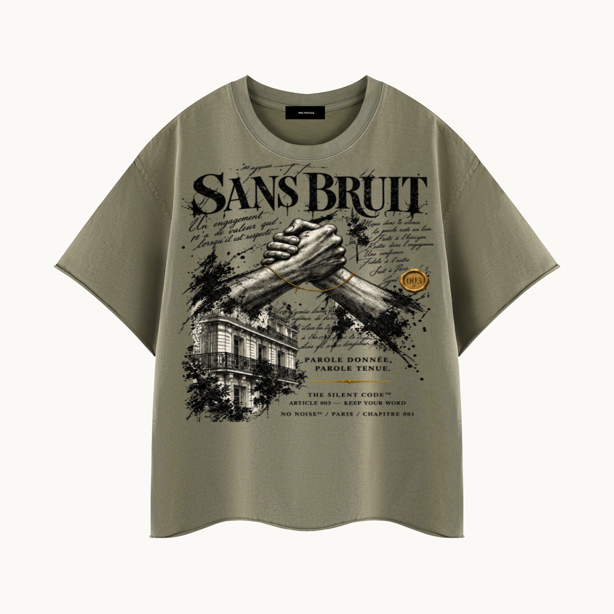 NO NOISE SILENT PACT RAW-EDGE TEE — GRAY GREEN — product view on warm ivory.