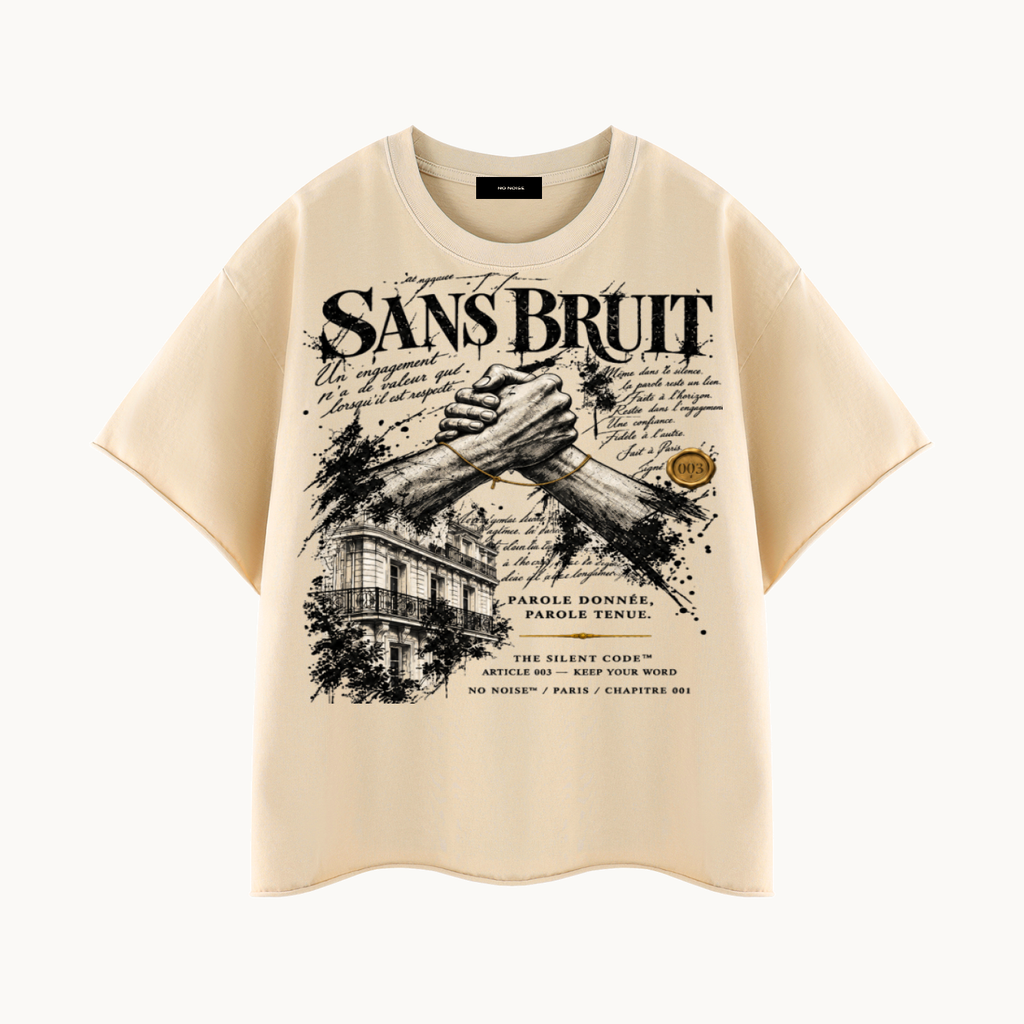 NO NOISE SILENT PACT RAW-EDGE TEE — APRICOT — product view on warm ivory.