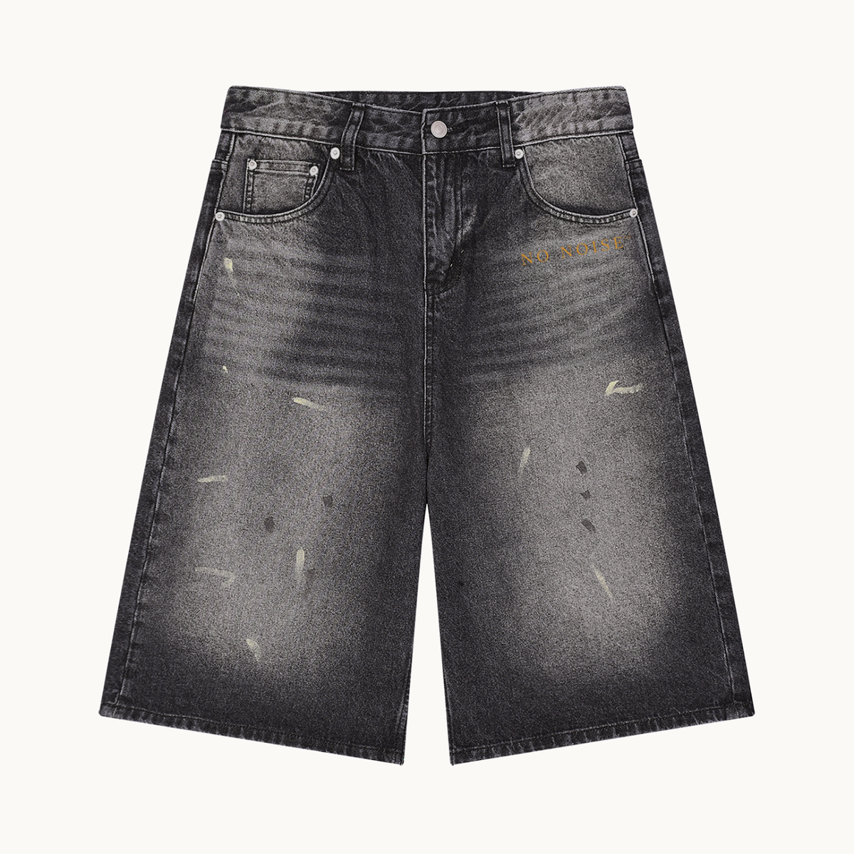 THE STILL WIDE-LEG DENIM SHORT — FADED BLACK — product view on warm ivory.