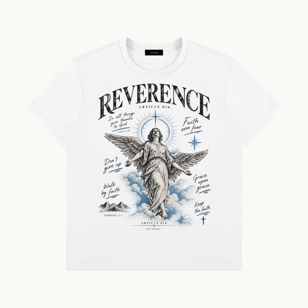 ARTICLE 010 — REVERENCE TEE — WHITE — product view on warm ivory.