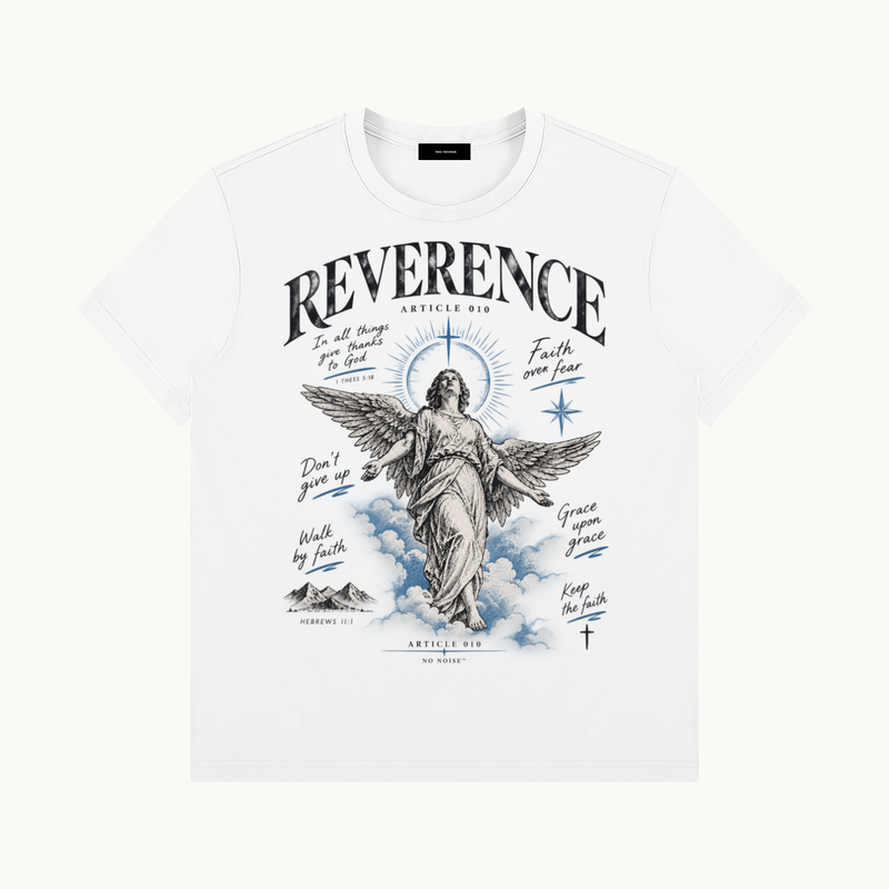 ARTICLE 010 — REVERENCE TEE — WHITE — product view on warm ivory.
