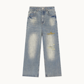 Sans Bruit Distressed Wide-Leg Jeans — Vintage Wash — product view on warm ivory.