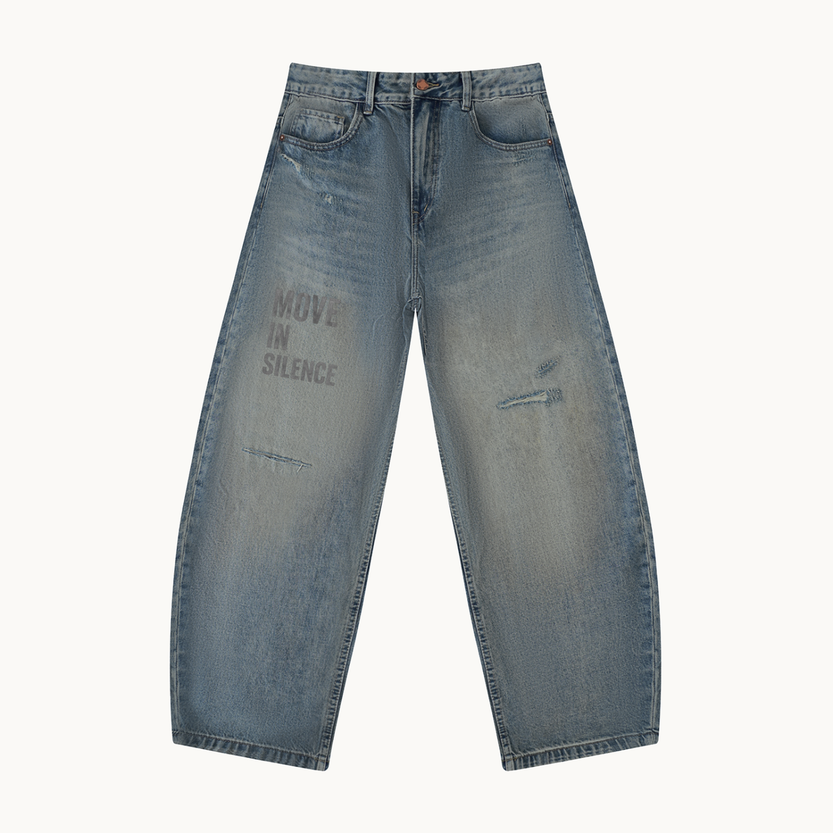 Distressed Barrel Leg Jeans — product view on warm ivory.