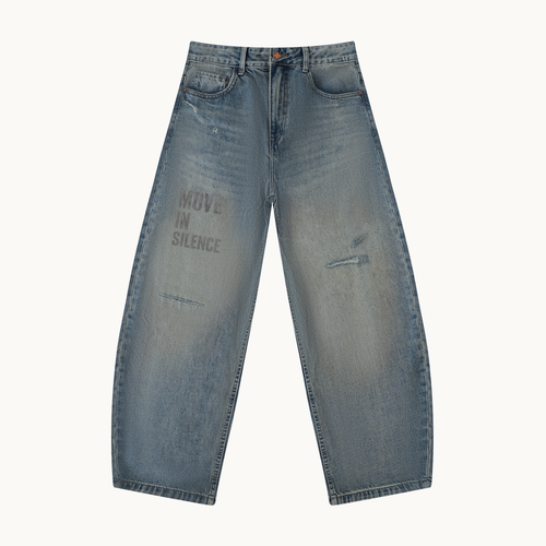 Distressed Barrel Leg Jeans — product view on warm ivory.