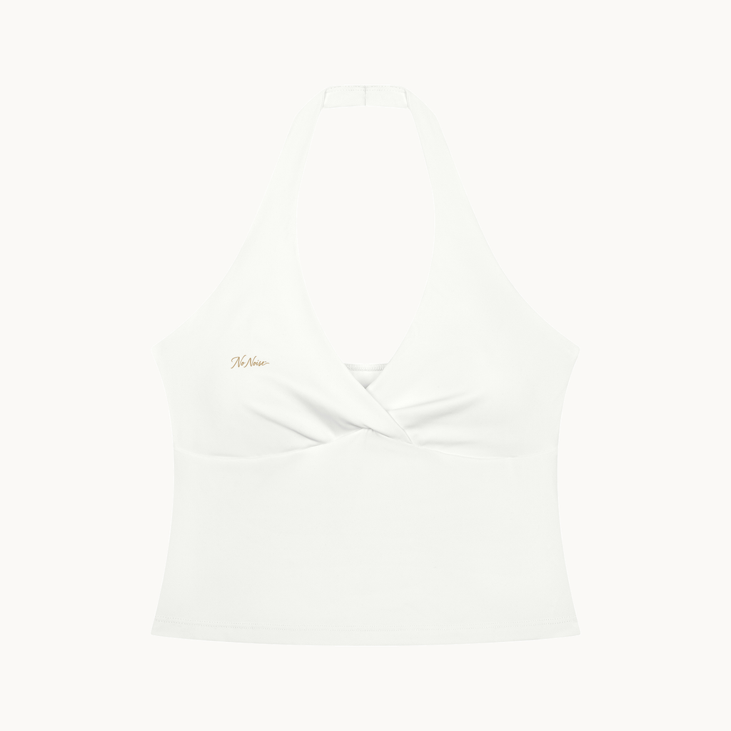 Muse Ruched Halter Top — Chalk — product view on warm ivory.