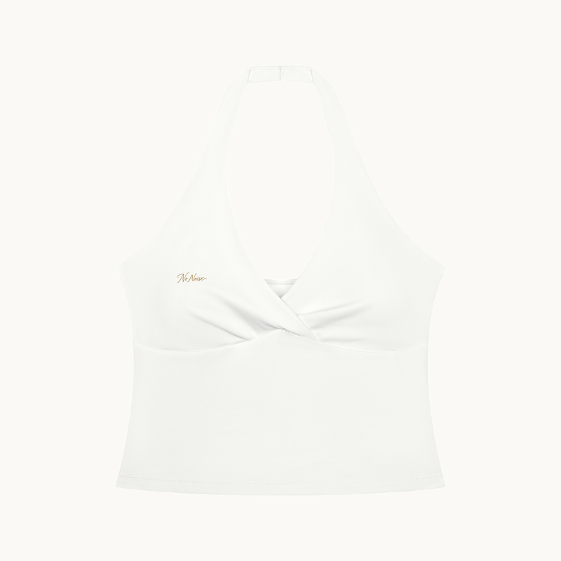 Muse Ruched Halter Top — Chalk — product view on warm ivory.