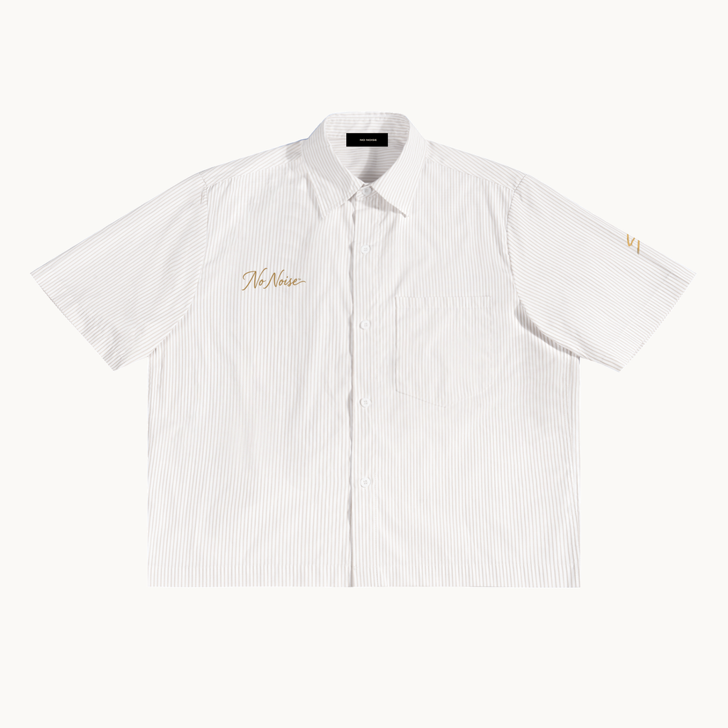 Quiet Conviction Oversized Vertical Stripe Boxy Shirt — Apricot White — product view on warm ivory.