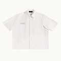 Quiet Conviction Oversized Vertical Stripe Boxy Shirt — Apricot White — product view on warm ivory.