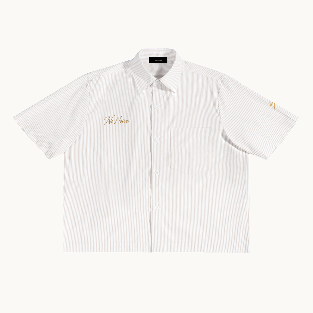 Quiet Conviction Oversized Vertical Stripe Boxy Shirt — Apricot White — product view on warm ivory.