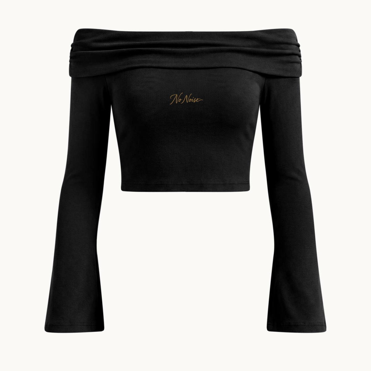 Off-Shoulder Bell-Sleeve Crop Top — Onyx — product view on warm ivory.