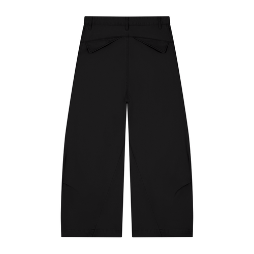 NO NOISE™ 001 Barrel Leg Pant in Black, back view with flap pockets and shaped leg seams