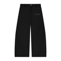 NO NOISE™ 001 Barrel Leg Pant in Black, front view with gold logo print and curved leg seams
