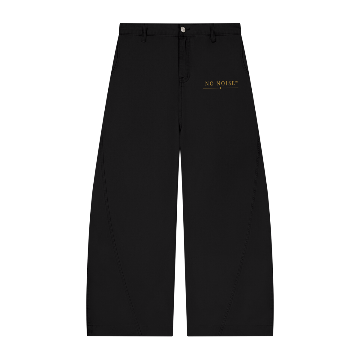 NO NOISE™ 001 Barrel Leg Pant in Black, front view with gold logo print and curved leg seams