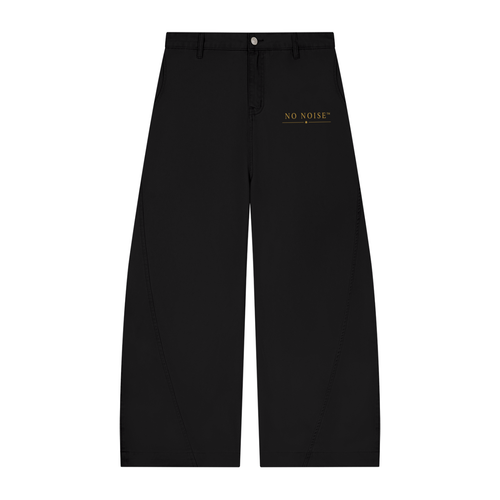 NO NOISE™ 001 Barrel Leg Pant in Black, front view with gold logo print and curved leg seams