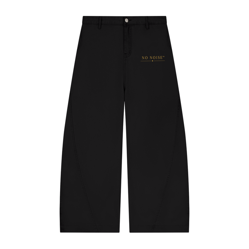 NO NOISE™ 001 Barrel Leg Pant in Black, front view with gold logo print and curved leg seams