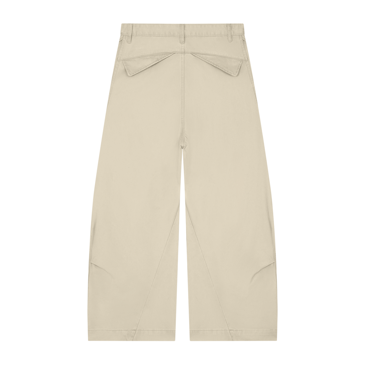 NO NOISE™ 001 Barrel Leg Pant in Bone, back view with flap pockets and shaped leg seams