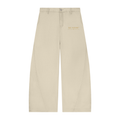 NO NOISE™ 001 Barrel Leg Pant in Bone, front view with gold logo print and curved leg seams