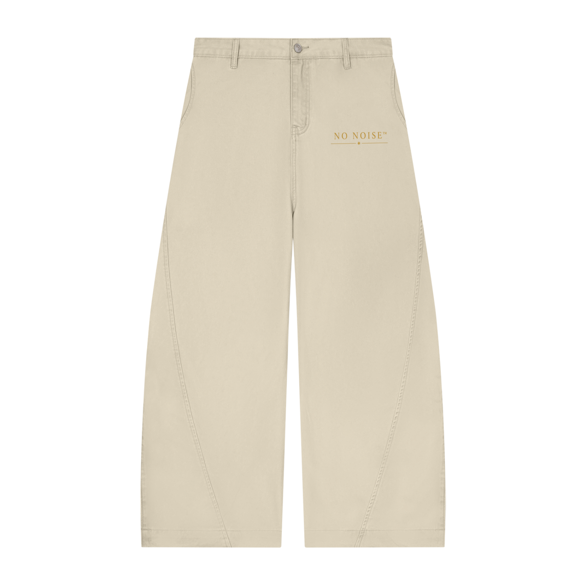 NO NOISE™ 001 Barrel Leg Pant in Bone, front view with gold logo print and curved leg seams