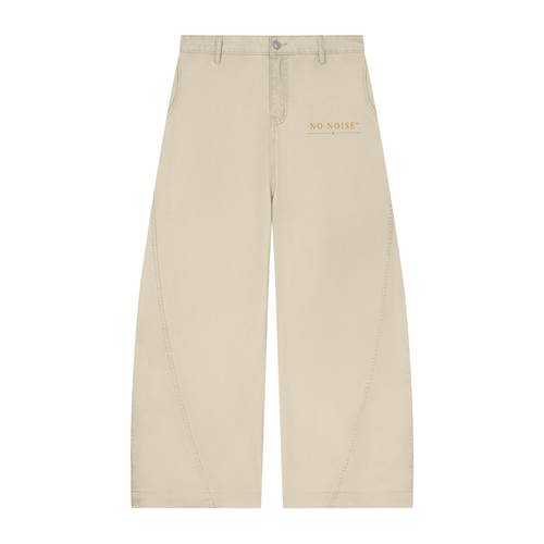 NO NOISE™ 001 Barrel Leg Pant in Bone, front view with gold logo print and curved leg seams