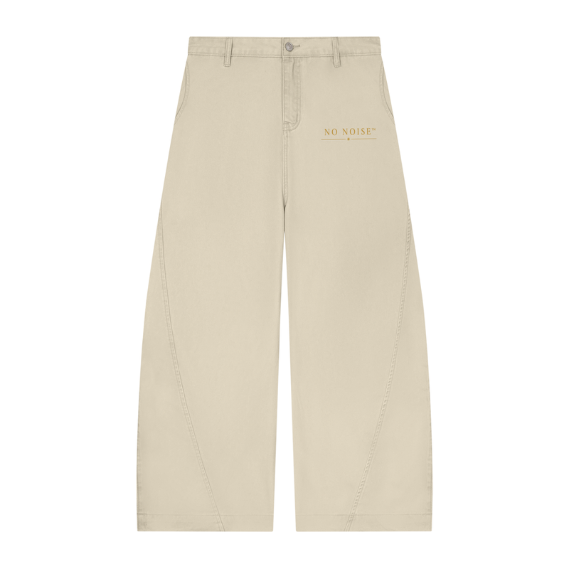 NO NOISE™ 001 Barrel Leg Pant in Bone, front view with gold logo print and curved leg seams