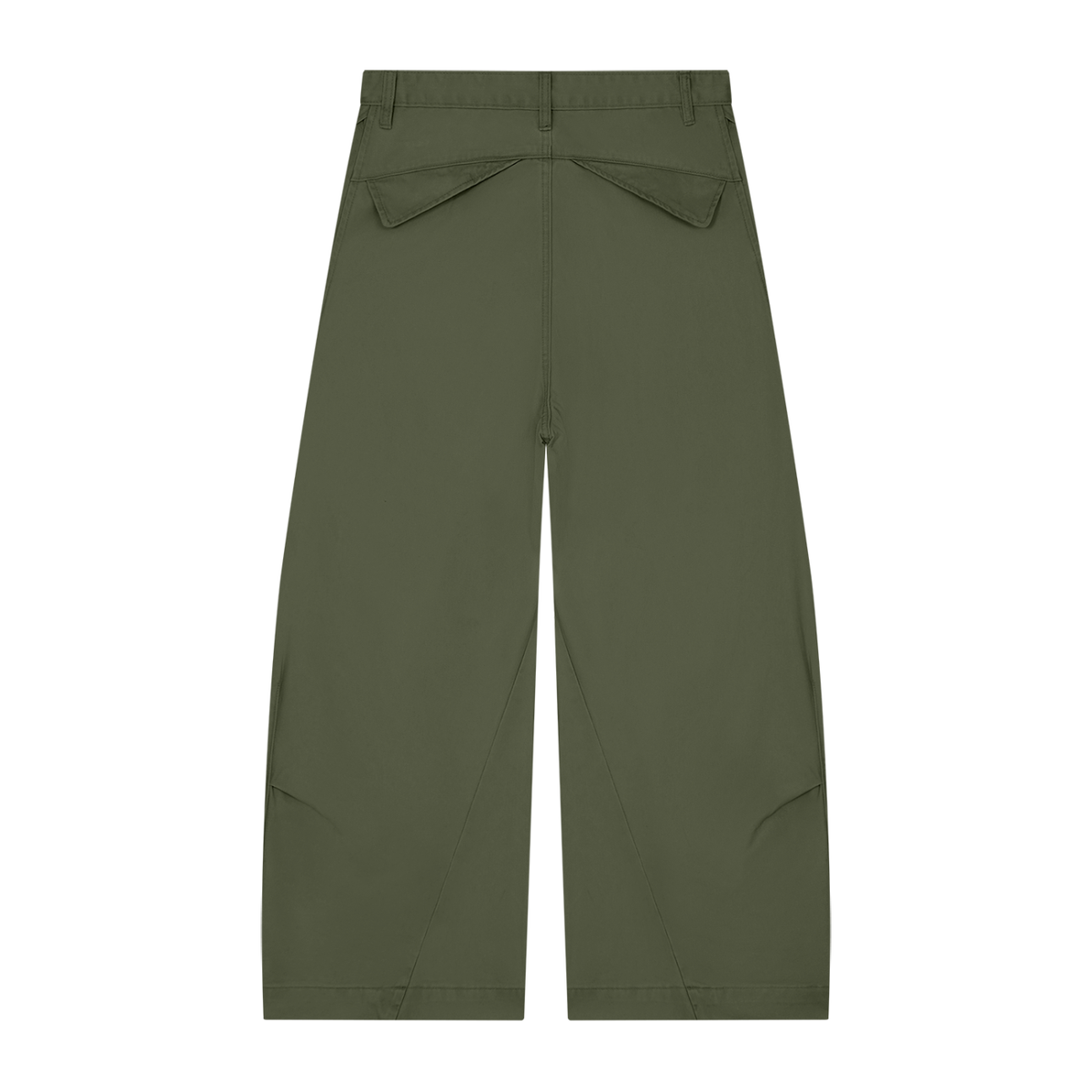 NO NOISE™ 001 Barrel Leg Pant in Fern, back view with flap pockets and shaped leg seams