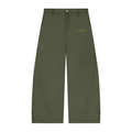 NO NOISE™ 001 Barrel Leg Pant in Fern, front view with gold logo print and curved leg seams