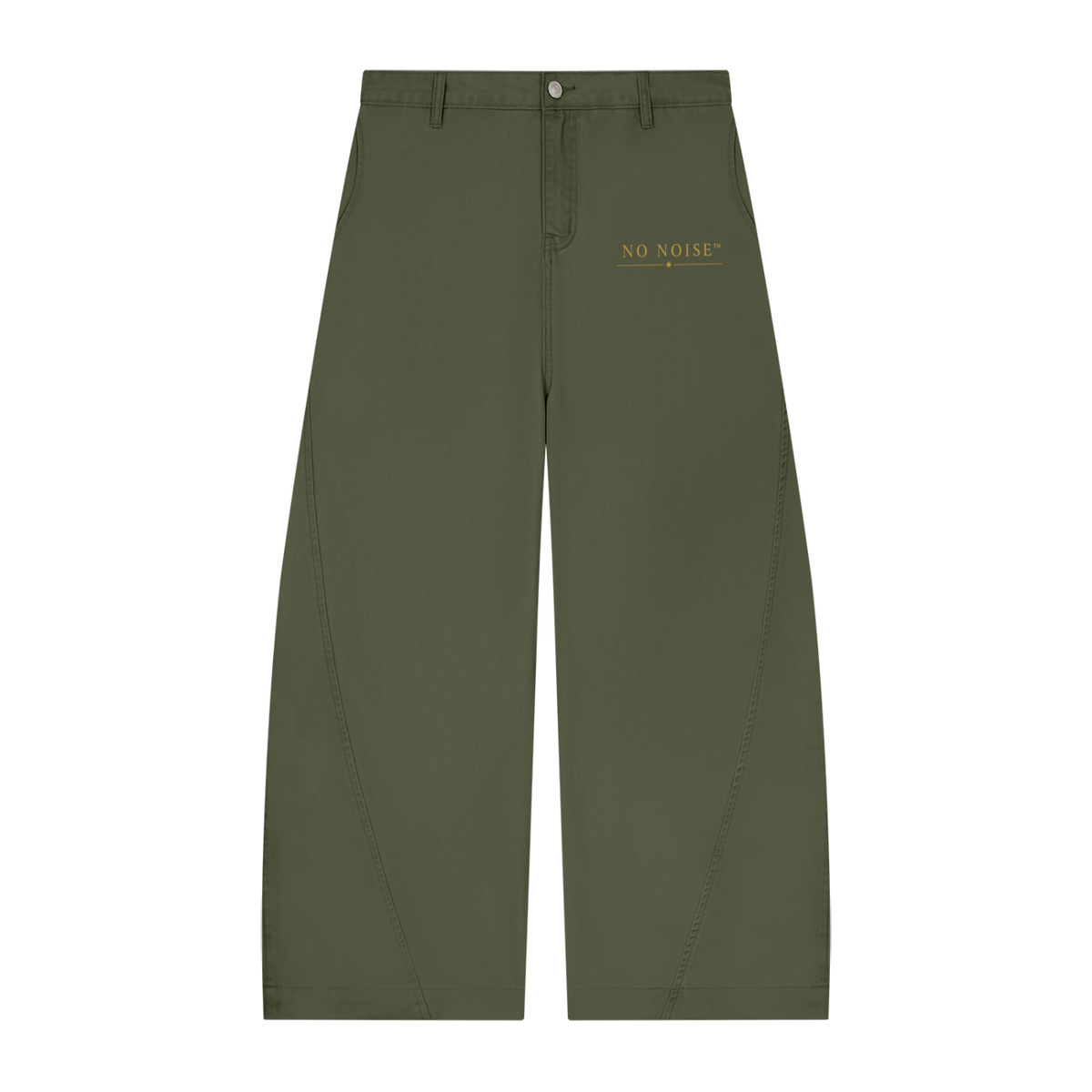 NO NOISE™ 001 Barrel Leg Pant in Fern, front view with gold logo print and curved leg seams