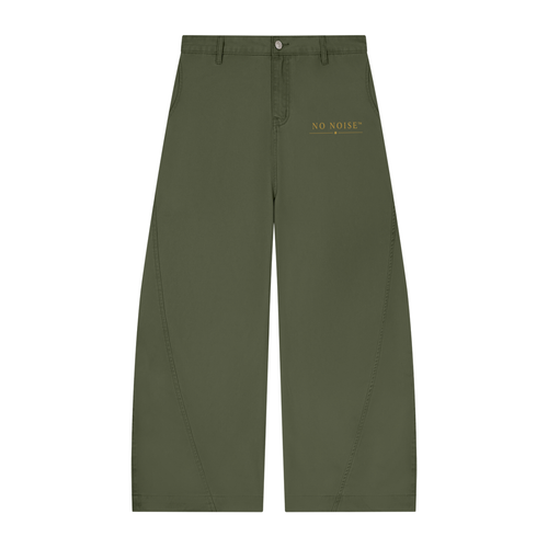 NO NOISE™ 001 Barrel Leg Pant in Fern, front view with gold logo print and curved leg seams