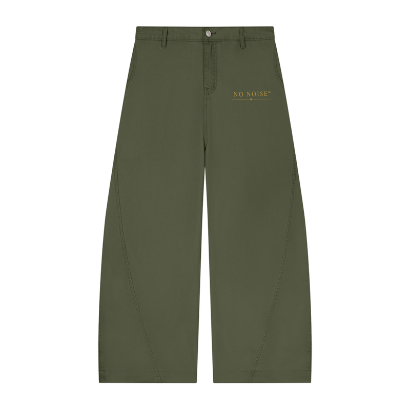 NO NOISE™ 001 Barrel Leg Pant in Fern, front view with gold logo print and curved leg seams
